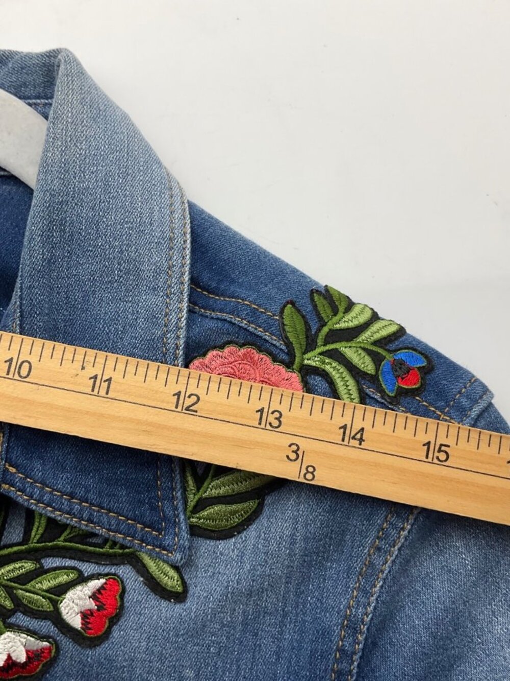 Studio F Med Embroidered Denim Jacket Floral & Tiger Stretch Boho Made Colombia - Picture 9 of 16